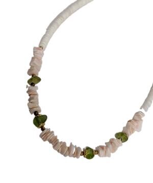 Vintage White Heishi Shell Choker Necklace Pink Shell Chips Green Glass 15"